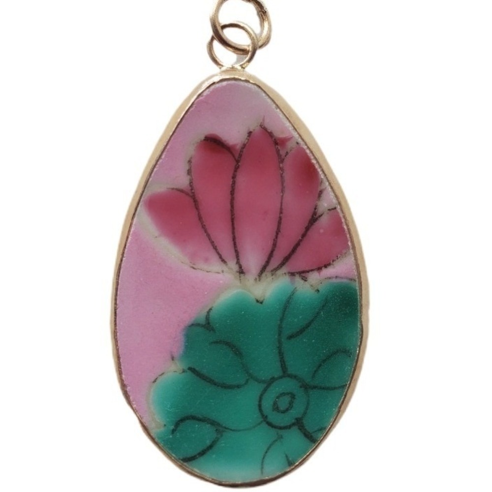 Vintage Broken China Teardrop Pendant Pink Lotus Flower Teal Asian Pottery Shard